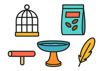 Essential pet bird care accessories set featuring cage, seed bag, water dish, perch, and feather