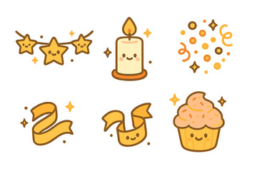Cute cartoon celebration icons set featuring smiling stars garland candle cupcake and ribbons