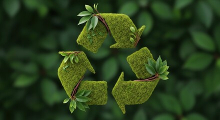 Green recycling symbol made of grass and leaves in an eco-friendly setting promoting sustainability and nature conservation