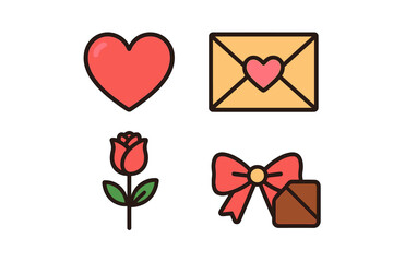 Set of romantic icons featuring a heart, love letter envelope, single rose, and decorative gift bow