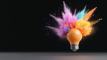 A vibrant explosion of color bursts from a light bulb in a creative digital artwork set against a contrasting black background