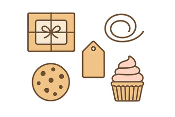 Wrapped present cookie and frosted cupcake among sweet treats and gift icons