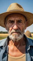 Fototapeta premium Elderly farmer with a straw hat stands in a sunny field during harvest season in rural countryside