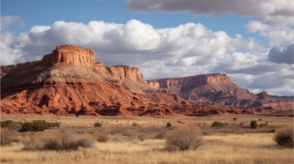 Naklejka premium Red Rock Desert Landscape With Dramatic Clouds. Majestic Natural Scenery And Rugged Terrain