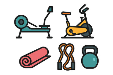 Set of essential gym equipment icons for fitness and workout routines