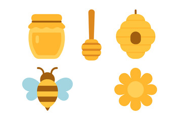 Collection of honey and beekeeping icons including jar, dipper, bee, flower, and beehive