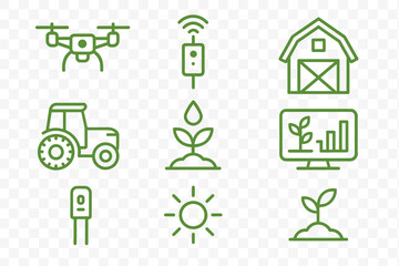 Smart farming technology symbols including drone, tractor, barn, plant growth, and data monitoring