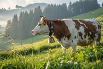 Brown and white cow standing in a green pasture in the swiss alps