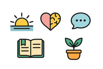 Colorful icon set symbolizing wellness, mental health, education, and personal growth