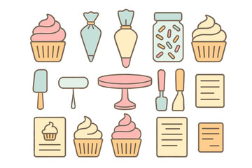 Pastel baking elements including cupcakes piping bags sprinkles and cake stand