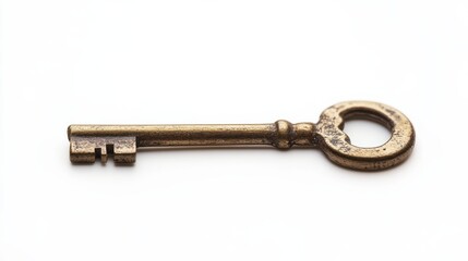 Antique brass key resting on a plain surface, showcasing its detailed design and timeworn appearance