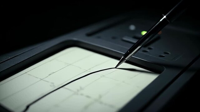 Close-up of a recording stylus tracing a graph line on a sheet of paper from a seismograph or polygraph machine