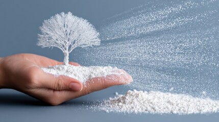 Hand Holding Small White Tree Model with Falling Particles in Minimalist Artistic Style