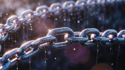 Close up of a wet metal chain with water droplets reflecting light