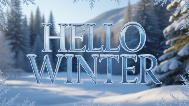 Hello winter frozen text overlay on snowy forest landscape