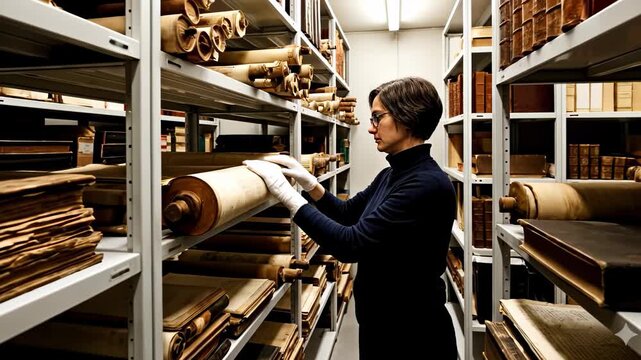 Female archivist in gloves carefully handles a large, ancient rolled document in a dimly lit archive