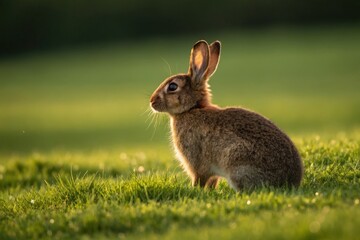 Fototapeta premium Wild brown rabbit sitting in a green field during golden hour light