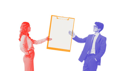 Creative digital artwork. Business colleagues presenting blank clipboard. Concept of teamwork,...