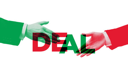 Bold colorful poster. Handshake with DEAL text symbolizing successful business agreement. Concept...