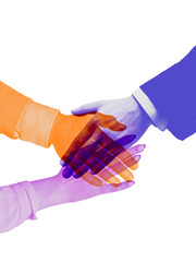 Colorful collage of handshake symbolizing collaboration between diverse professionals. Concept of...