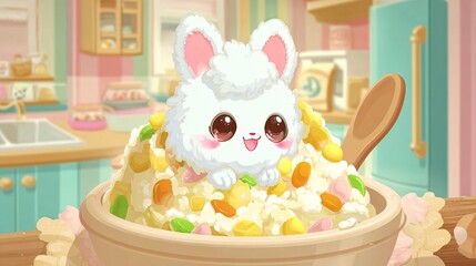 Cute Fluffy Bunny in a Bowl of Fried Rice &ndash; Kawaii Character in Cozy Kitchen