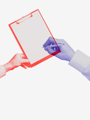 Minimalist collage. Colored hands filling clipboard symbolizing documentation and corporate...