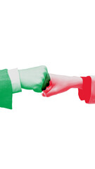 Minimalist poster. Two colored fists touching symbolizing teamwork and mutual support in business...