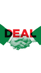 Poster with handshake under bold deal typography symbolizing agreement and successful negotiation...