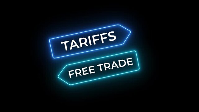 Tariffs and free trade signs with piggy bank, gears, and office supplies on a white background. red and yellow color box. 4k