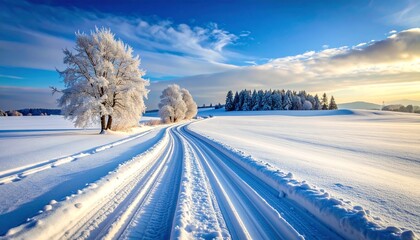 Obraz premium Snow covered road with tire tracks in the distance and a few snow-covered trees in the background, creating a serene winter landscape , cold weather, snowy landscape indicating