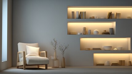 Modern luxury living room with beautifull arm chair and couch with flower pot and glass window and flower pot shelf 