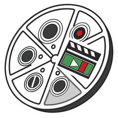 Vintage film reel circle design with detailed camera strip elements, ideal for movie posters and video editing themes