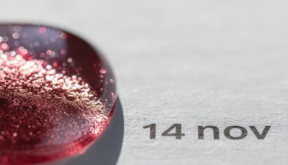 An iconic representation of an international day, this extreme close up shows a calendar for November 14th beside a symbolic shimmering red drop