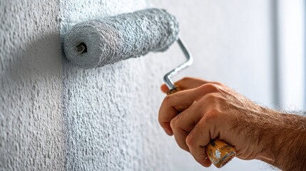 Hand Painting Wall with Roller Brush in Interior Home Renovation