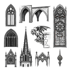 Illustration of collection of gothic architectural elements isolated on transparent background, showcasing intricate details and designs, perfect for historical or fantasythemed projects