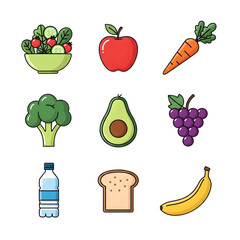 Illustration of healthy food icons isolated on transparent background, featuring fresh fruits, vegetables, and other nutritious options for a balanced diet and lifestyle
