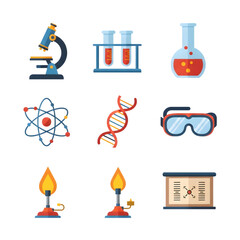 Illustration of science icons isolated on transparent background, including a microscope, test tubes, flask, atom, dna, safety glasses, bunsen burner, and whiteboard