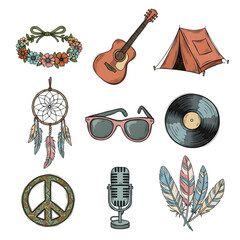 Illustration of hand drawn hippie set isolated on transparent background featuring a flower crown, guitar, tent, dreamcatcher, sunglasses, vinyl record, peace sign, microphone, and feathers