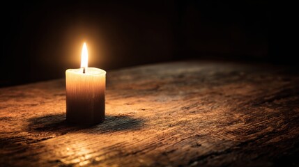single candle burning on old wooden desk, surrounding darkness with soft warm glow, cinematic chiaroscuro lighting, vintage atmosphere