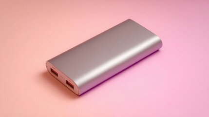 Sleek metallic power bank with smooth corners and LED indicator, isolated on gradient pastel background, modern lighting, stylish minimalism