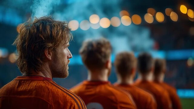 Intense soccer players ready for action on the field, focused on the game, steam rising from hair, ready for competition, professional sports team