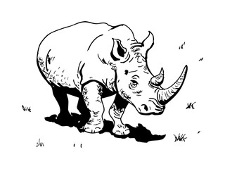 Rinoceronte, dibujo realista del animal vintage estilo retro enciclopédico o comic