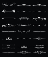 Collection of Elegant White Decorative Borders and Dividers on Black Background