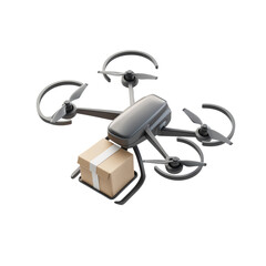Drone Carrying Package For Delivery. Aerial Logistics And Modern E-Commerce Solutions Isolated On Transparent Background