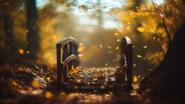 small wooden bridge surrounded by golden autumn forest, leaves falling gently, cinematic lighting and soft focus background