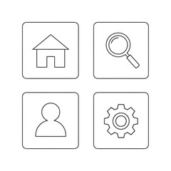Illustration of simple line art icons for home, search, user, and settings isolated on transparent background, perfect for web design, apps, and user interfaces