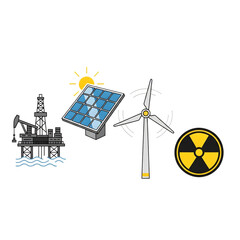 Illustration of illustration showing different types of energy production, including fossil fuels, solar, wind, and nuclear energy isolated on transparent background