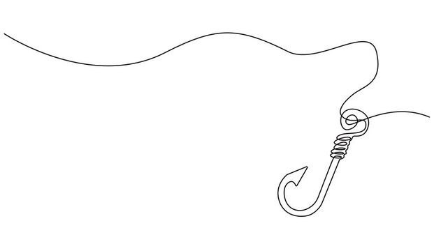 Self drawing line animation fishing hook continuous line drawn concept video, Continuous outline of a Fishing hook, minimalist pro vector illustration line, Full length one line animation, 4K video. 