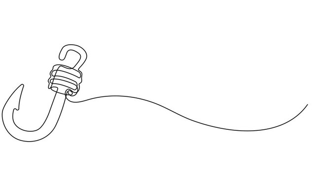 Self drawing line animation fishing hook continuous line drawn concept video, Continuous outline of a Fishing hook, minimalist pro vector illustration line, Full length one line animation, 4K video. 