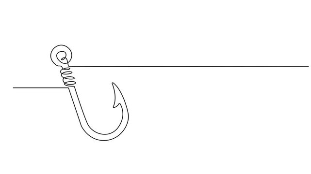 Self drawing line animation fishing hook continuous line drawn concept video, Continuous outline of a Fishing hook, minimalist pro vector illustration line, Full length one line animation, 4K video. 